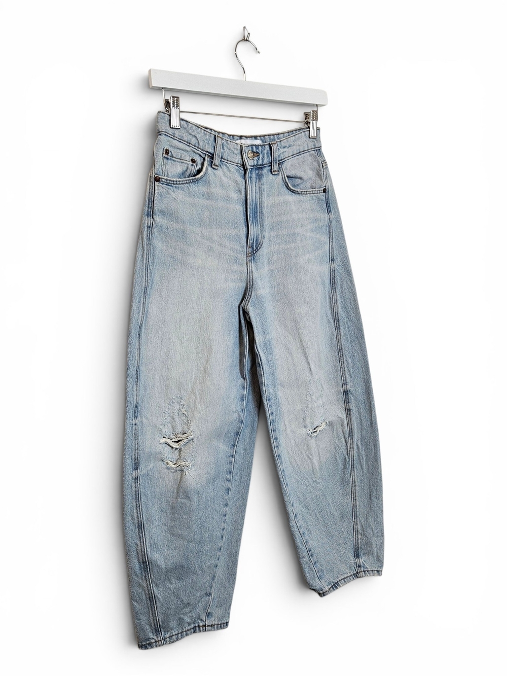 Zara Jeans 0 Balloon Barrel Distressed High Rise 5 Pocket Washed Light Blue Crop